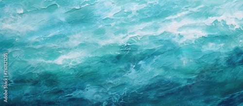 A closeup shot of a painting depicting fluid waves in the aqua ocean, with electric blue hues and intricate patterns, meeting the sky on the horizon