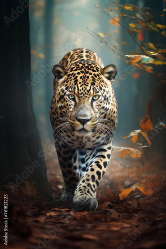 Close-up of a jaguar walking in the jungle