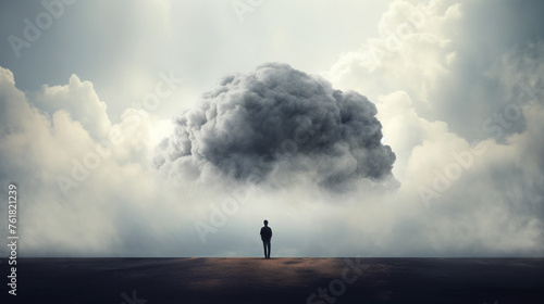 Silhouette of a lone man looking at a dark cloud on the horizon, symbolizing anticipation of difficult times ahead © giedriius