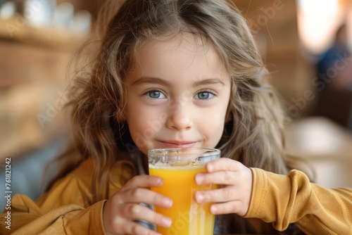 A young girl in a cafe sips from a glass of juice, her intent gaze suggesting curiosity and contemplation