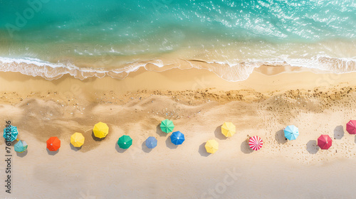 The golden sands, azure waters, and vibrant umbrellas, evoking the essence of a perfect beach day