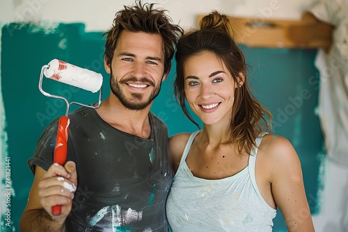 Cheerful couple holding paint rollers with a freshly painted wall behind them photo