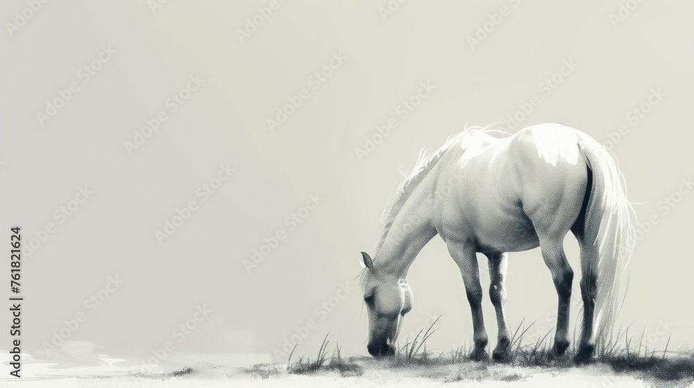 Fototapeta premium White horse on white background, copy space for text
