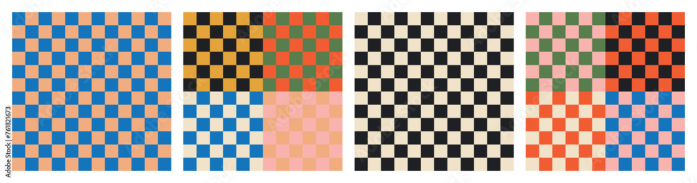 Cool simple geometric Y2K backgrounds. Colorful trendy checker board square seamless pattern collection. Set of geometric pastel square background in vintage 90s style, groovy multicoloured retro Cool simple geometric Y2K backgrounds. Colorful trendy checker board square seamless pattern collection. Set of geometric pastel square background in vintage 90s style, groovy multicoloured retro
