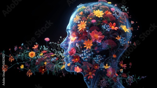 Head of a woman with flowers in her hair. Selective focus. Beautiful bouquet of different flowers
