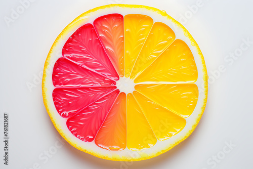 Sliced citrus fruit with segment colours ranging form yellow to red, on white background