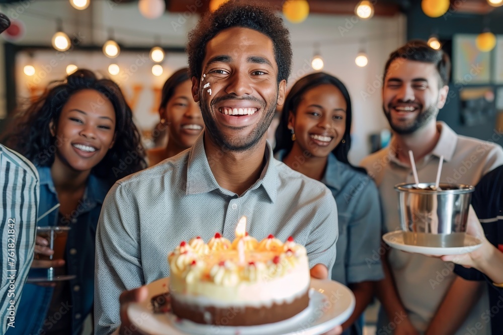 Delighted man with a big smile presenting a birthday cake at a party with friends around him Delighted man with a big smile presenting a birthday cake at a party with friends around him
