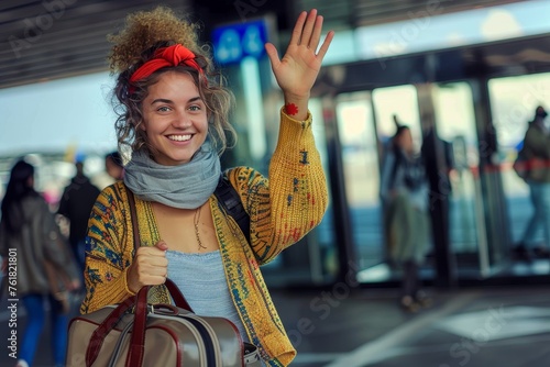 A cheerful young woman with a red headband and backpack waves at the train station