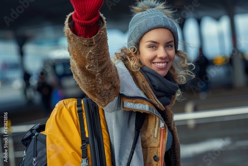 A traveler with a backpack and winter wear smiles while raising her arm