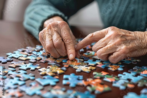 An elderly person's hands expertly selecting a jigsaw piece, symbolic of problem-solving