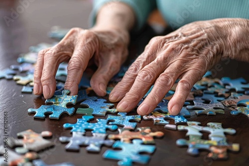 Detailed image of senior hands engaged in fitting a jigsaw puzzle piece into its place