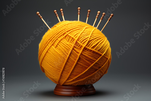 large ball of golden-yellow yarn with several knitting needles inserted, exuding warm and creative aura