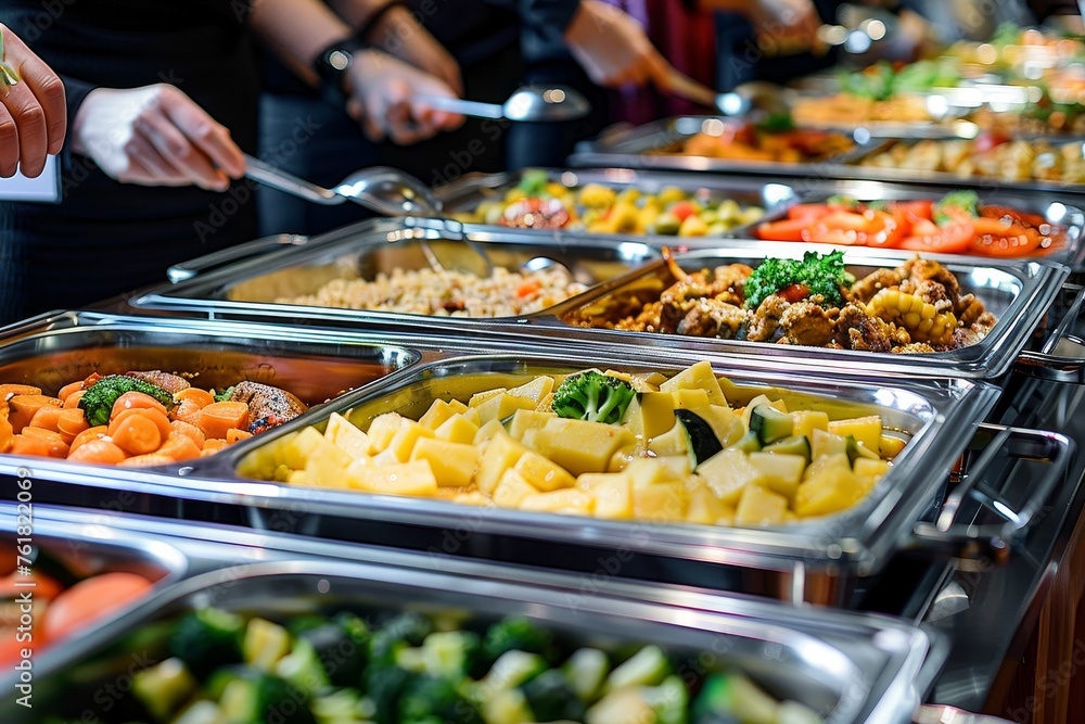An array of colorful food items presented in metal trays, likely in a banquet hall or event