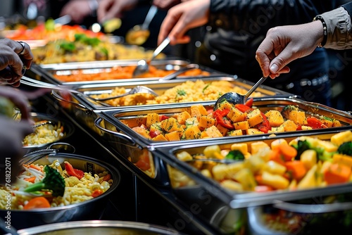 A selection of dishes in a buffet setup with people's hands serving themselves