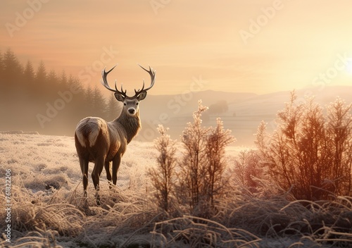 The majestic deer stands against the background of frost-covered trees in the dawn sunlight. Winter landscape, wallpaper. © alisluch