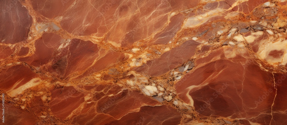 A close up of a red marble texture resembling a dish made from natural material. The pattern resembles the landscape of soil and wood in brown and amber tones with hints of peach