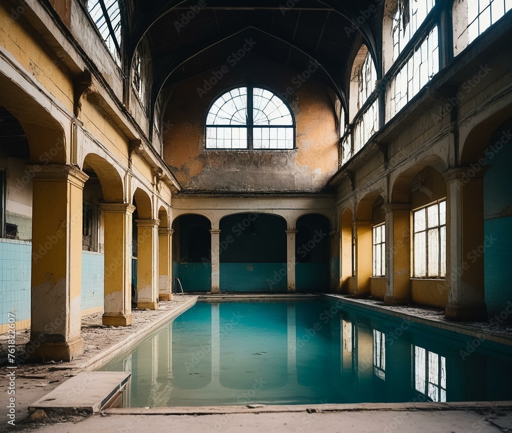 Interior of an old abandoned swimming pool building. Generative AI