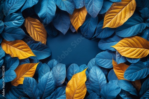 An image of vivid geometric leaves and foliage with yellow elements juxtaposed against a background of restrained sustained tempered style. For magazine, brochure, billboard, or sale purposes.