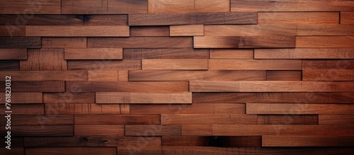 A closeup of a brown wooden wall constructed with rectangular wooden blocks. The wood stain enhances the natural beauty of the building material used for flooring or brickwork
