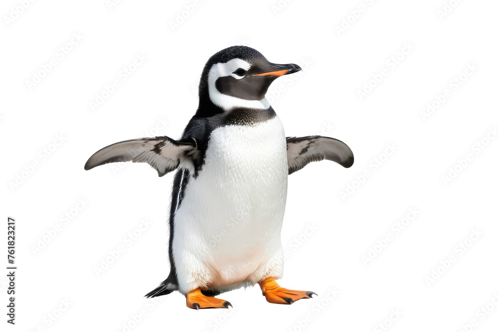 Fototapeta premium Smiling penguin, full body, waving, isolated, white background, high-resolution stock photo, studio lighting, clear focus, ultra realistic