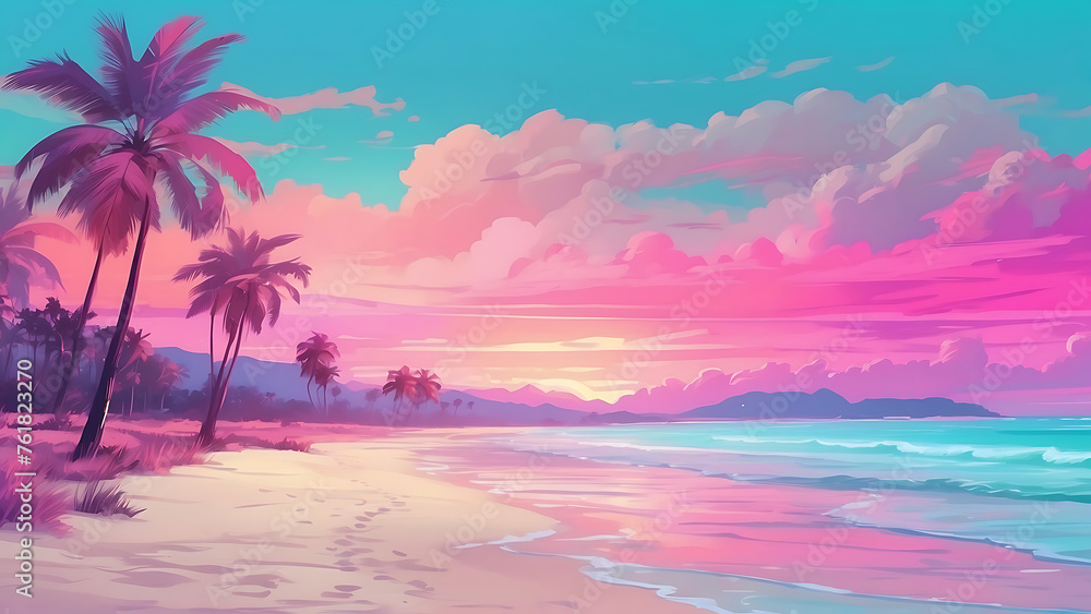 Serene Pastel Tropical  Beach at Sunset