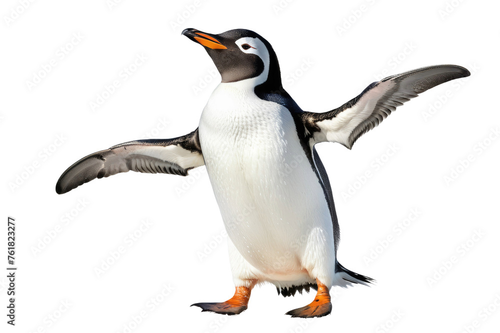 Fototapeta premium Smiling penguin, full body, waving, isolated, white background, high-resolution stock photo, studio lighting, clear focus, ultra realistic