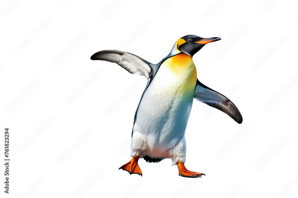 Obraz premium Smiling penguin, full body, waving, isolated, white background, high-resolution stock photo, studio lighting, clear focus, ultra realistic