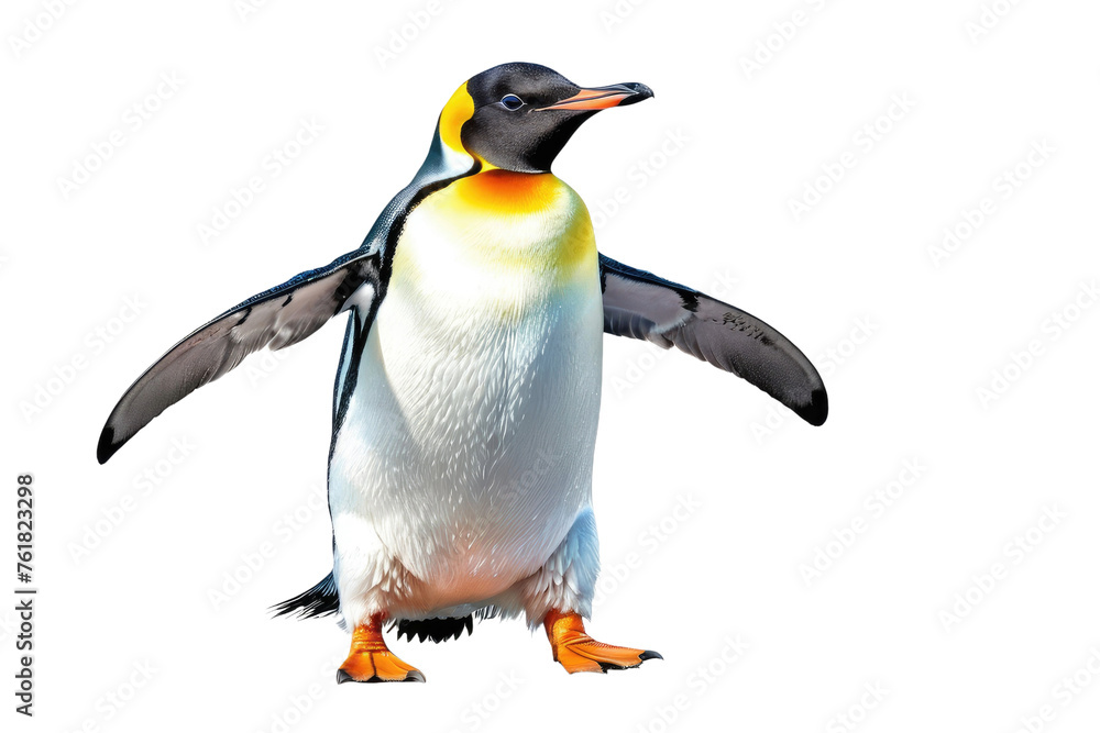 Fototapeta premium Smiling penguin, full body, waving, isolated, white background, high-resolution stock photo, studio lighting, clear focus, ultra realistic