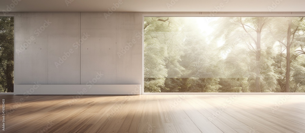 An empty room with hardwood flooring, a large window with brown tints and shades, showcasing the trees outside. The woodstained fixture adds warmth to the building An empty room with hardwood flooring, a large window with brown tints and shades, showcasing the trees outside. The woodstained fixture adds warmth to the building
