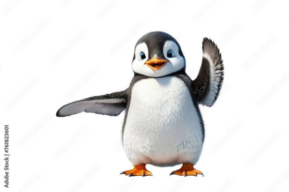 Fototapeta premium Single happy penguin waving, full body, isolated, white background, stock photography, high quality, smiling expression, positioned center frame, sharp focus, soft shadow beneath, ultra clear