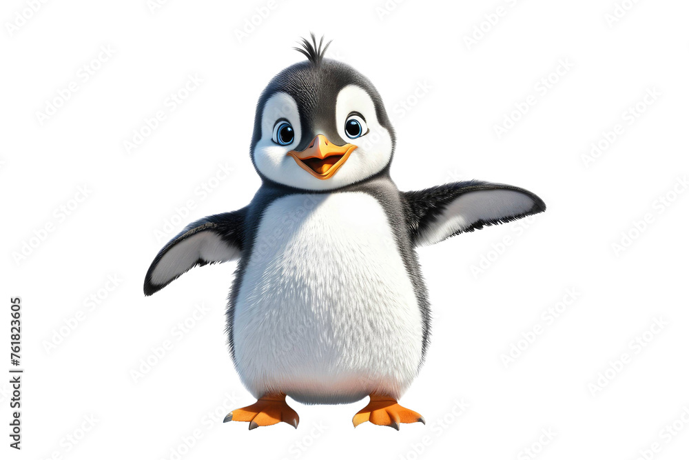 Fototapeta premium Single happy penguin waving, full body, isolated, white background, stock photography, high quality, smiling expression, positioned center frame, sharp focus, soft shadow beneath, ultra clear