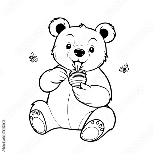 Beautiful hand-drawn vector illustration of fun bear with honey isolated on a white background for coloring book for children