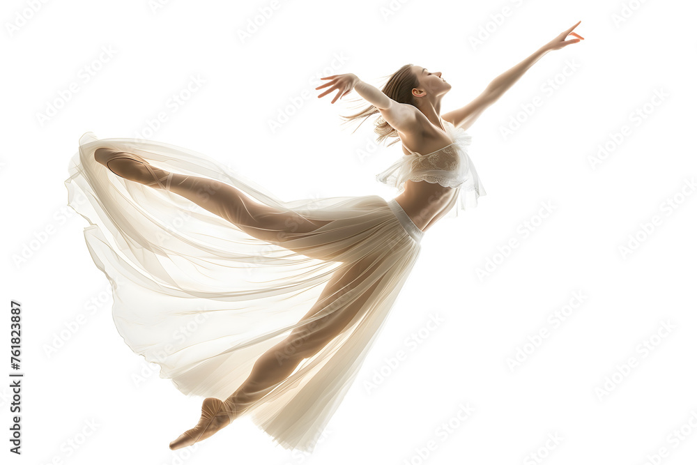 Elegant Ballerina Mid Dance in Flowing Dress Isolated on White Transparent Background PNG Stock Adobe Stock