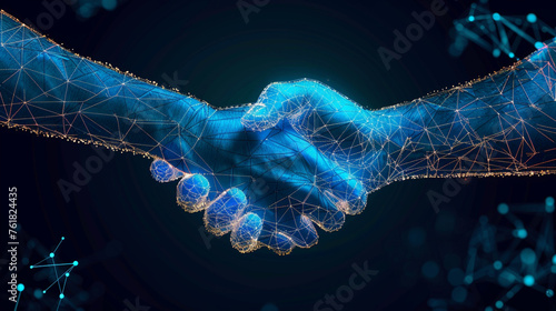 Conceptual image of handshake. Polygonal low poly wireframe image of human hands.
