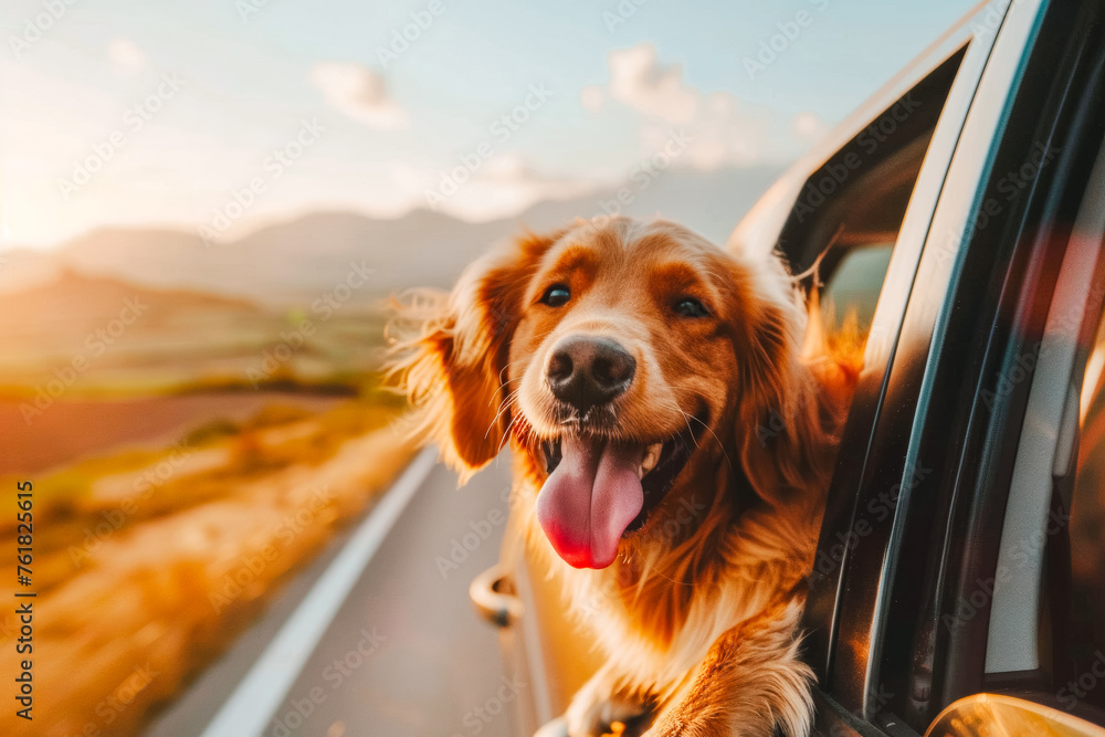 Joyful Golden Retriever Enjoys a Sunset Car Ride. This heartwarming image captures the pure bliss of a dog on an adventurous road trip - obrazy, fototapety, plakaty 