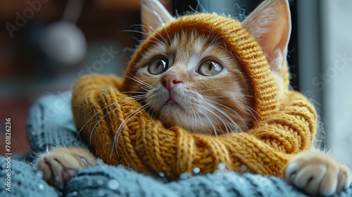 Cute ginger kitten in knitted sweater and scarf, close-up