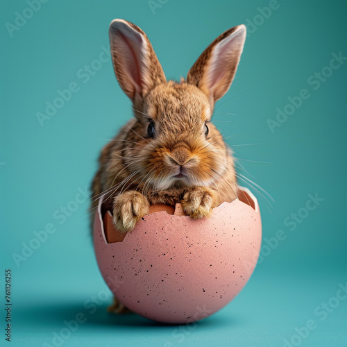 Cute little brown rabbit sitting in eggshell on blue background.
