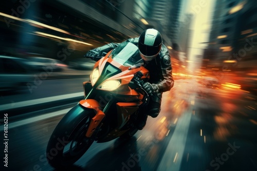 Exhilarating Motorcycle speeding city street. Sport travel. Generate Ai