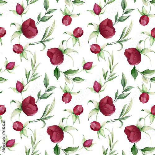 Floral seamless pattern on black background. Watercolor illustration with peony, flowers, leaves, branches. Botanic tile. Template design for textiles, interior, invitation, wallpaper © Olga.And.Design