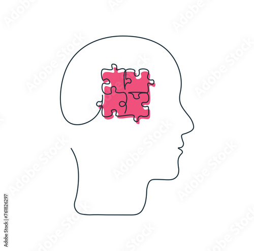 Concept of mental health. Profile of human head as single continuous line. Psychological and psychiatric therapy. Business idea and education. One line puzzle. Simple vector drawing white background