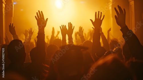A Gathering of Devotion: A Crowd of Believers Raising Hands in Worship as the Holy Spirit Flies Above Them