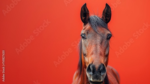Portrait of a horse on a red background. Copy space.