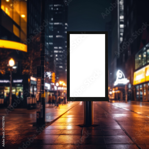 Blank billboard with white background. Sign board with empty space for advertising on the city street. Business, office, corporate identity, lifestyle advertising