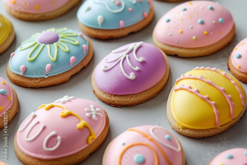 Easter Eggs Cookies with Royal Icing, Biscuit Color Eggs for Easter Design, Copy Space