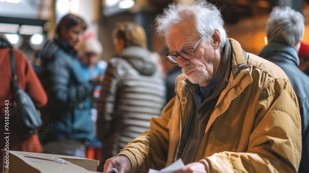 Senior Caucasian man reviewing ballot at elections. Elderly male voter at a polling station. Concept of elections, informed voting, active senior citizenship, civic duty, electoral participation.