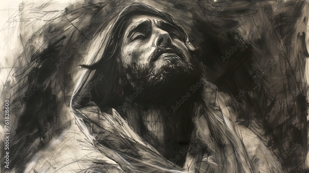 Charcoal sketch of Jesus Christ. Man with long hair and beard. Savior. Concept of faith, spirituality, Easter, divinity, Christian beliefs, resurrection, religious. Black and white Art.