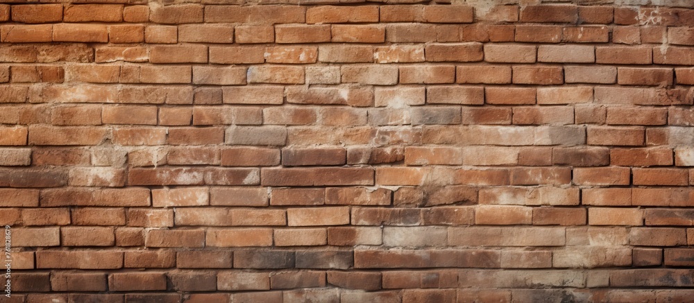 Close up of a weathered brown brick wall showcasing the intricate brickwork and rectangular patterns. The composition of wood and stone wall adds character to the building material Close up of a weathered brown brick wall showcasing the intricate brickwork and rectangular patterns. The composition of wood and stone wall adds character to the building material