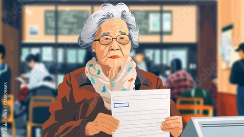 Asian elderly woman casting her ballot at a polling station. Senior Asian female voter. Concept of democracy, elections, civic duty, diversity. American presidential elections. Digital illustration