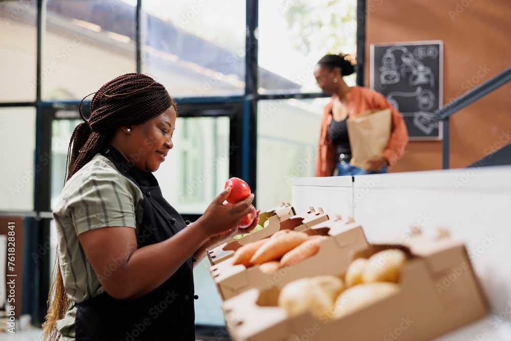 Female storekeeper checking and arranging freshly harvested produce on shelves. Black woman wearing an apron holding and examining red apples in boxes at local convenience store. - obrazy, fototapety, plakaty 
