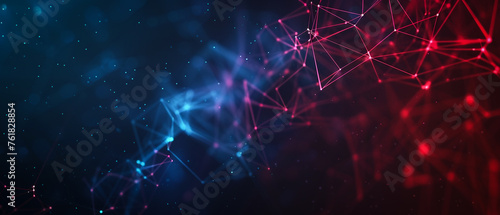 Abstract background with glowing particles, dots and lines in space. Ultra wide blue red neon purple gradient gradient background. For design, banners, wallpapers, templates, art, projects, desktop